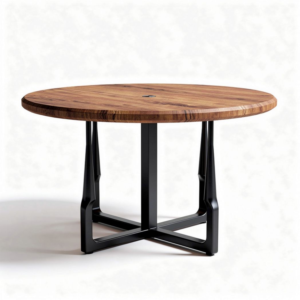 Table ronde en bois massif de acacia avec pied en métal noir 120 x 120 x 75cm