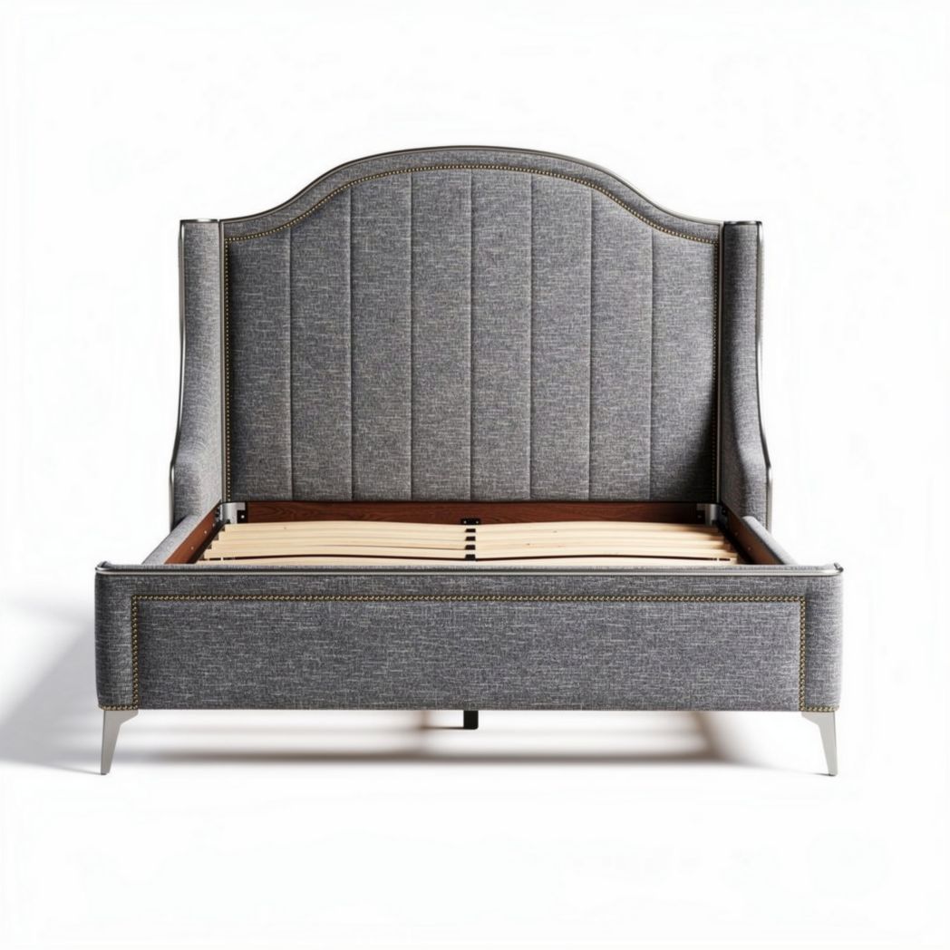 Lit en tissu gris avec tête de lit capitonnée dimensions 200 x 160 x 120cm