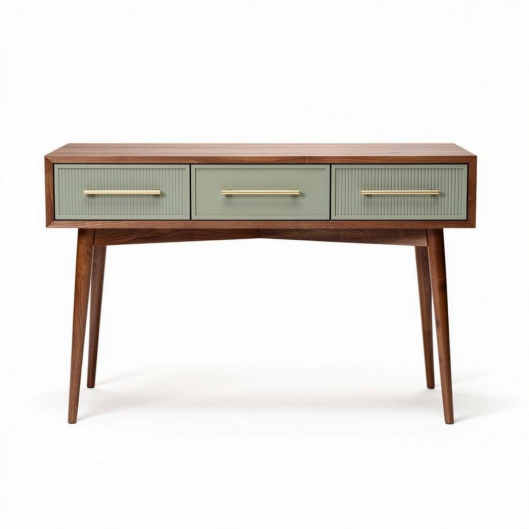 Commode en bois avec trois tiroirs vert pastel et pieds en bois de noyer 120 x 40 x 75cm