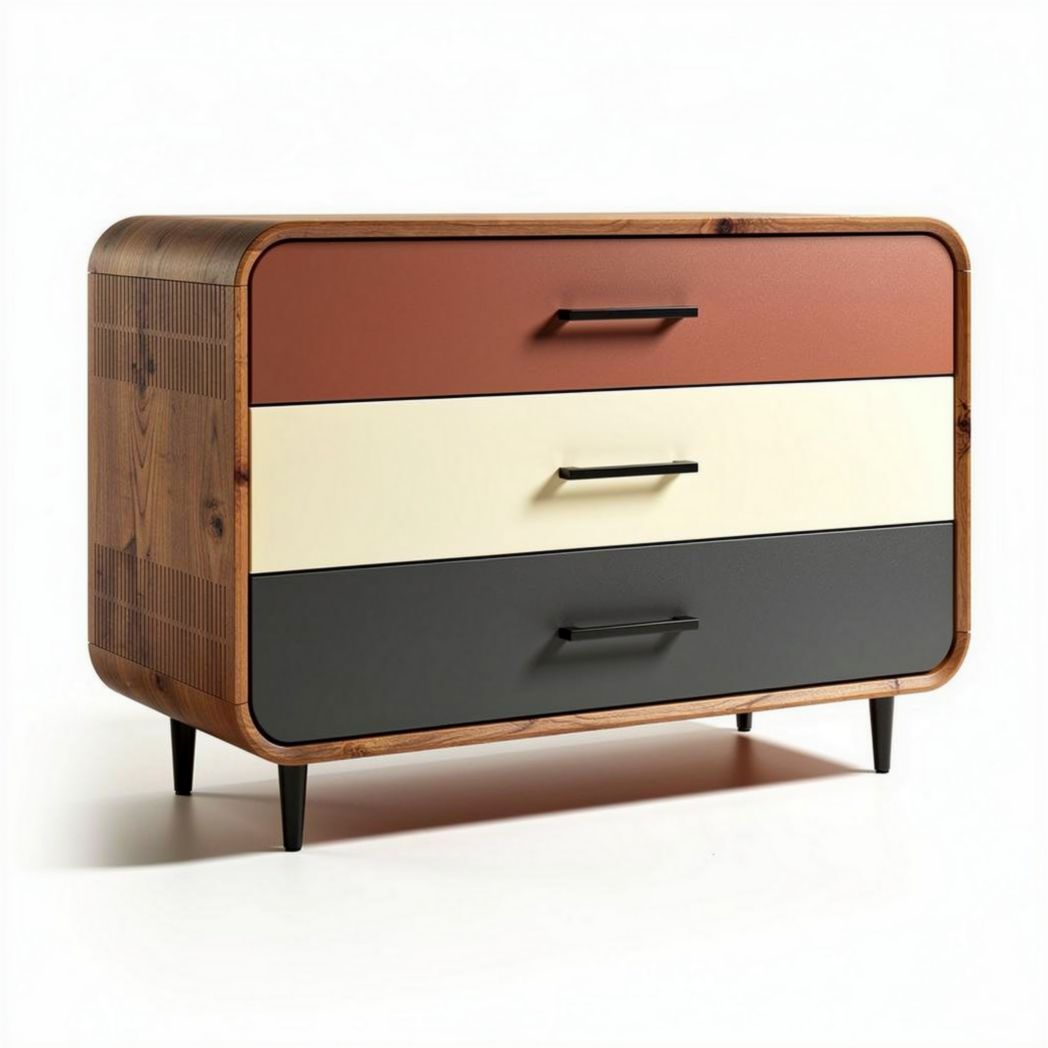 Commode en bois avec trois tiroirs multicolores 90 x 45 x 70cm