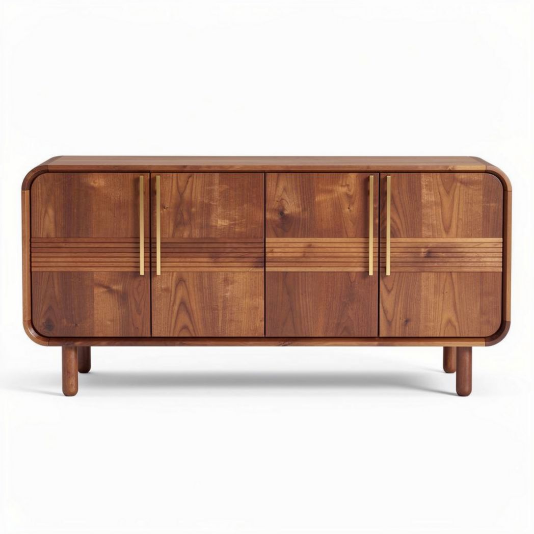 Buffet en bois massif de 150 x 40 x 75 cm avec portes en verre et finitions dorées