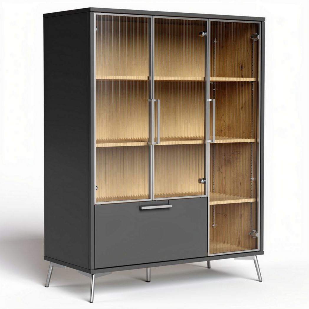 Armoire de rangement en bois et verre 80 x 40 x 180cm couleur noire et naturelle