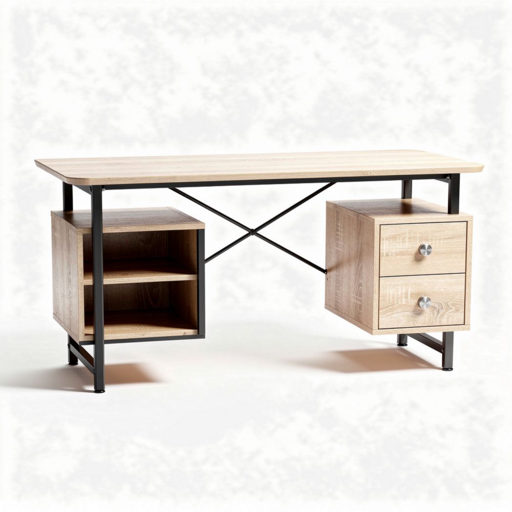 Bureau en bois massif avec rangement en métal 120 x 60 x 75cm